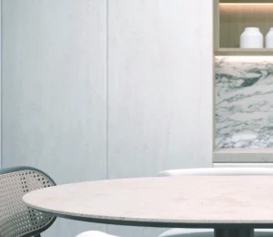 3D Travertine Bianco 6T porcelain tile installation example