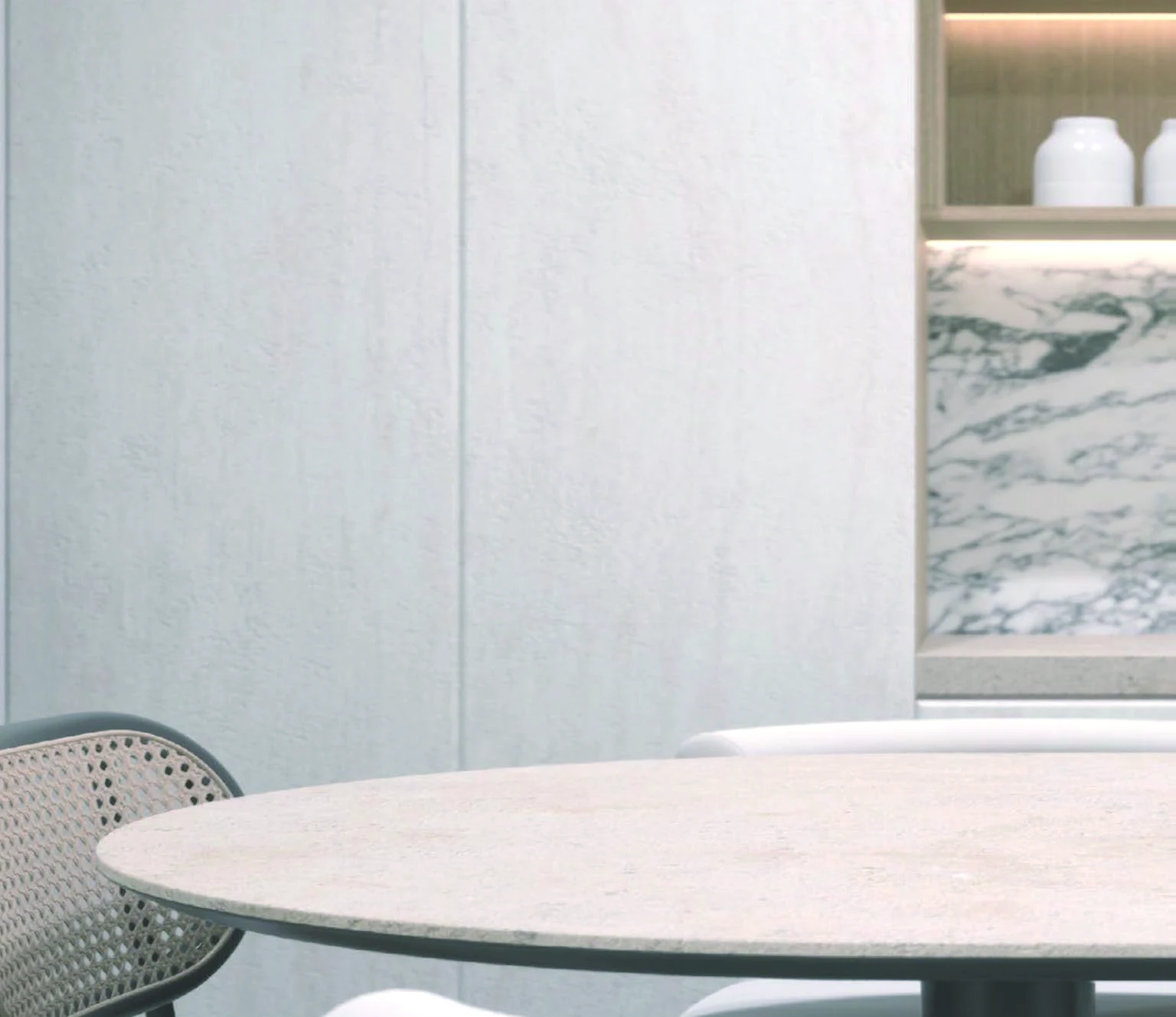 3D Travertine Bianco 6T porcelain tile installation example